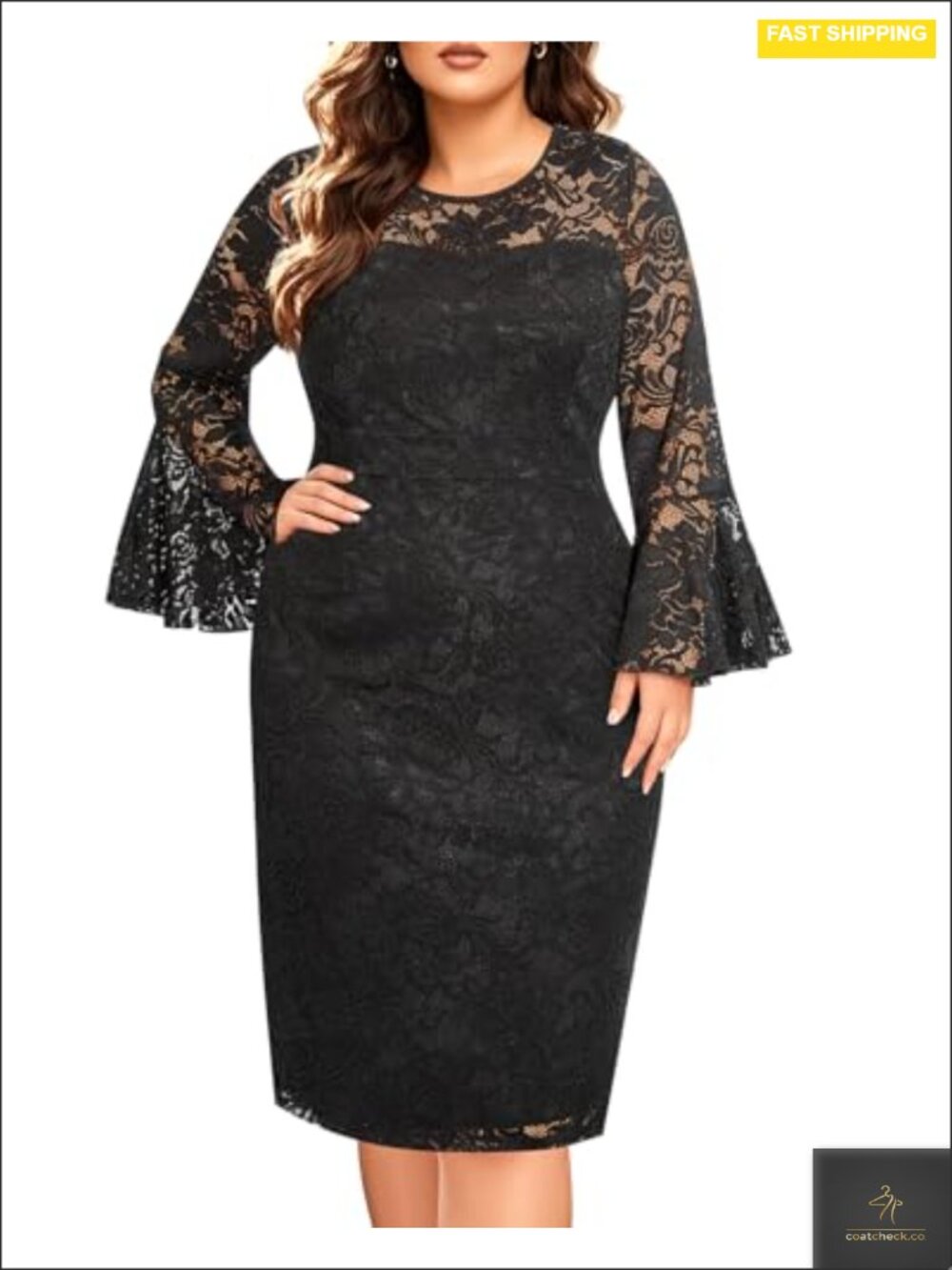 Plus Size Lace Bell Sleeve Cocktail Dress with Lining for Weddings & Parties